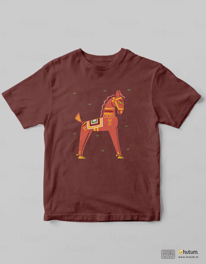 Horse in Jamini Roy Style - Kids Bengali T-Shirt | 100% Cotton T-Shirt - Image 2