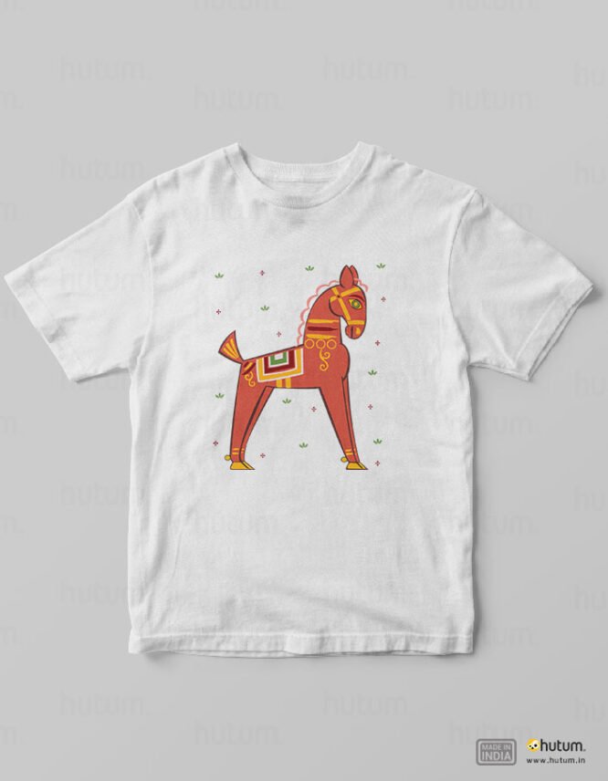 Horse in Jamini Roy Style - Kids Bengali T-Shirt | 100% Cotton T-Shirt - Image 3